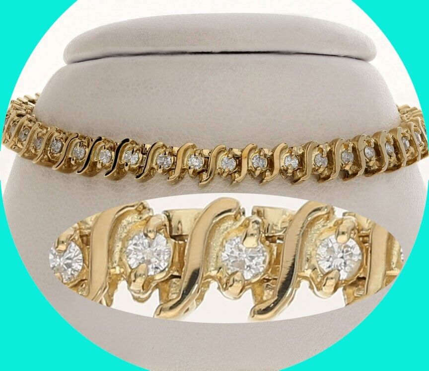 Diamond S Link Tennis Bracelet 1.30CT 14K YG  7” … - image 1