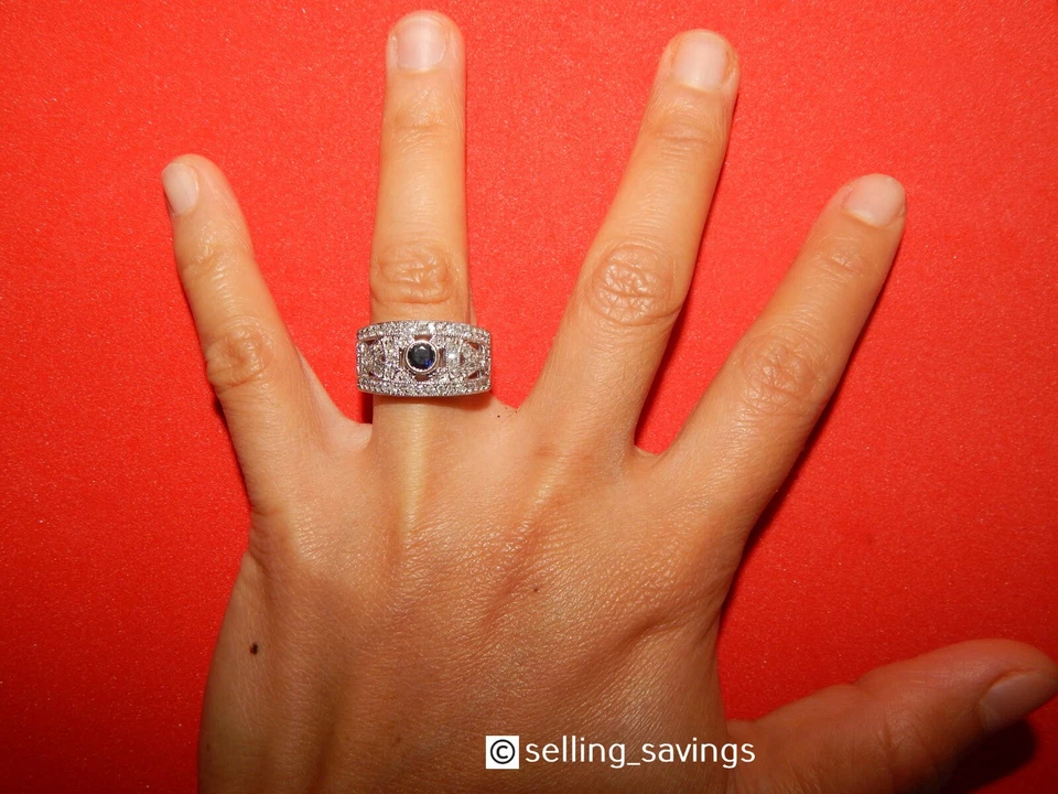 14K WHITE GOLD EFFY DIAMOND & SAPPHIRE FILIGREE ROYALE BLEU WIDE FACE BAND RING - Image 4 of 4