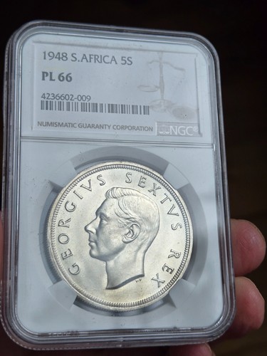 Prooflike Silver 1948 South africa 5 Shillings Ngc Pl 66 "Gem" Pq Crown