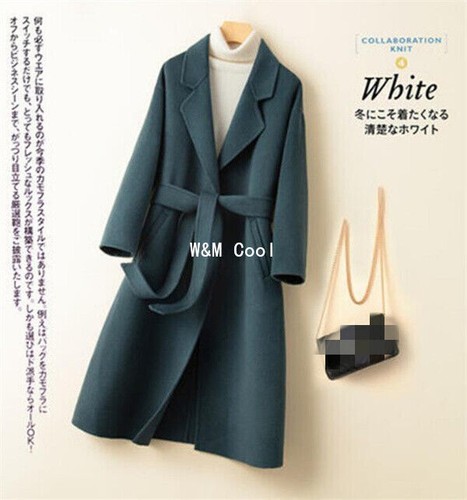 Womens Winter Wool Coat Double Cashmere Mid Long Slim Warm Belt Jacket Overcoat - Picture 2 of 21