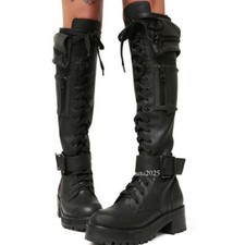 Women Knee High Boots Combat Mid Calf Boots Block Chunky Heel Lace Up Platform