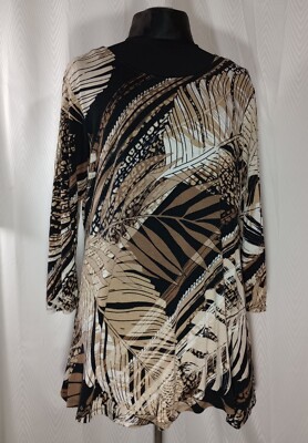 Ruby Rd Tunic Top Wm L Brown Hi Low L/S Tropical Leaves Animal Feathers Stretch