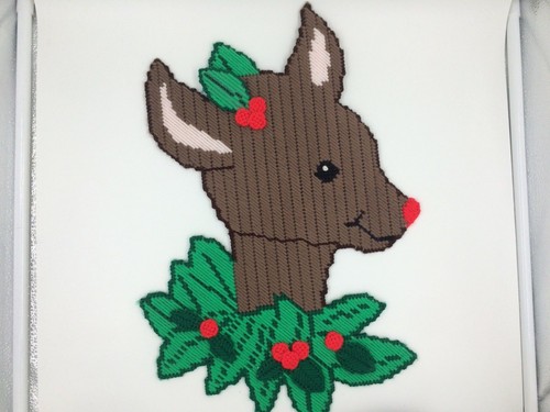 Vintage needlepoint reindeer holiday Christmas wall hanging plastic canvas set 3 - Picture 2 of 9