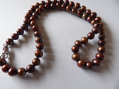  CHOCOLATE  ROUND CULTURED PEARL SINGLE STRAND NECKLACE 925 SILVER CLASP ZWL39