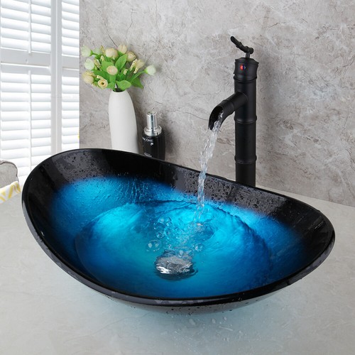 UK Bathroom Countertop Blue Tempered Glass Wash Basin/Sink + Mixer Tap Faucet - Picture 2 of 8