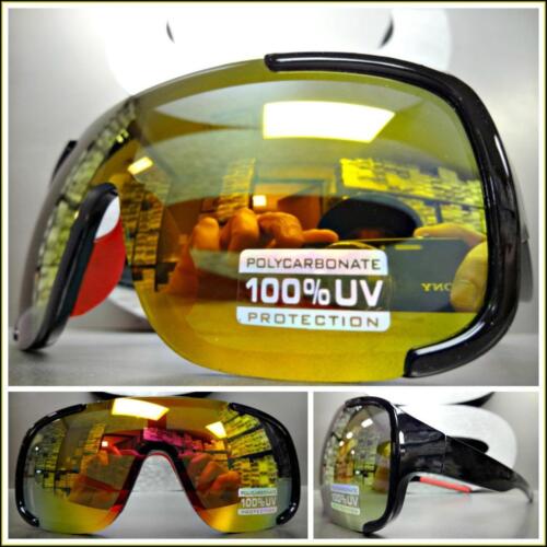 Oversize Retro Wrap Around Shield Style SUN GLASSES Black Frame Gold Mirror Lens - Picture 1 of 7