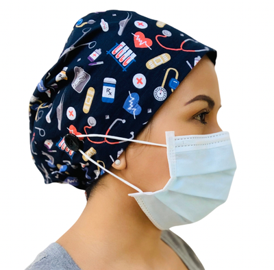 Made in USA Blue Print Scrub Cap Nurse 