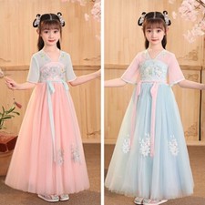 Girl Floral Mesh Dress Cute Lace Fairy Wear Ancient Costume Tang Suit Hanfu