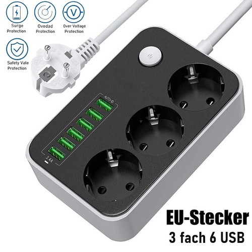 Steckdosenleiste 3-Fach 6 USB Mehrfachsteckdose mit Flachstecker und Schalter DE - Bild 12 von 14