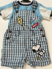 Vintage Snoopy Peanuts 2pc Outfit Set Blue Plaid Overalls/ T-Shirt 12M
