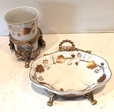 VTG SET STYLBUILT/MATSON FILIGREE GOLD ORMOLU SOAP DISH, CUP W/ HOLDER PORCELAIN