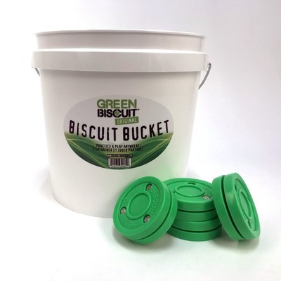Green Biscuit Bucket 15 Pucks Original Passers or Snipe 2.0 Shooters.
