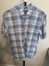 Eddie Bauer Mens shirt short sleeve button down plaid blue Medium Cotton