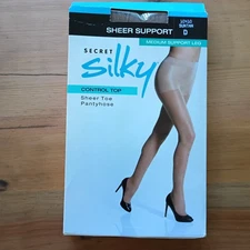 Secret silky pantyhose 10410 Control Top Sz D Suntan Sheer Toe Med Support Leg
