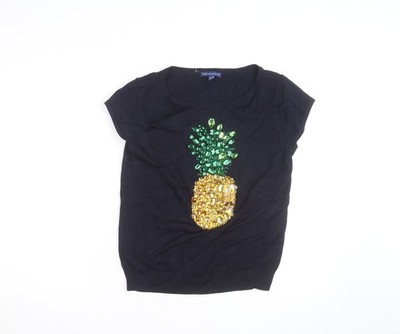 Talbots Damen Pullover schwarz Pailletten Ananas Kurzarm Größe S