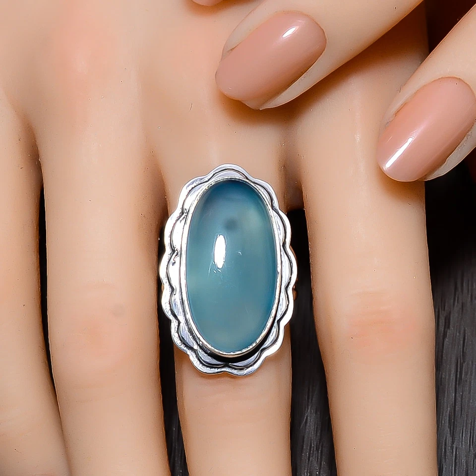 Anillo de plata de ley 925 con calcedonia azul, regalo único de Navidad, delicado anillo Foto 2 de 4