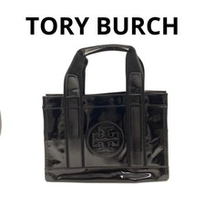 TORY BURCH Patent Leather Logo Hand Tote Bag Women Black Genuine