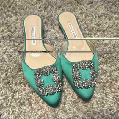 Manolo Blahnik Green Satin Rhinestone Pointed Toe Slip-On Mule Flats 6.5