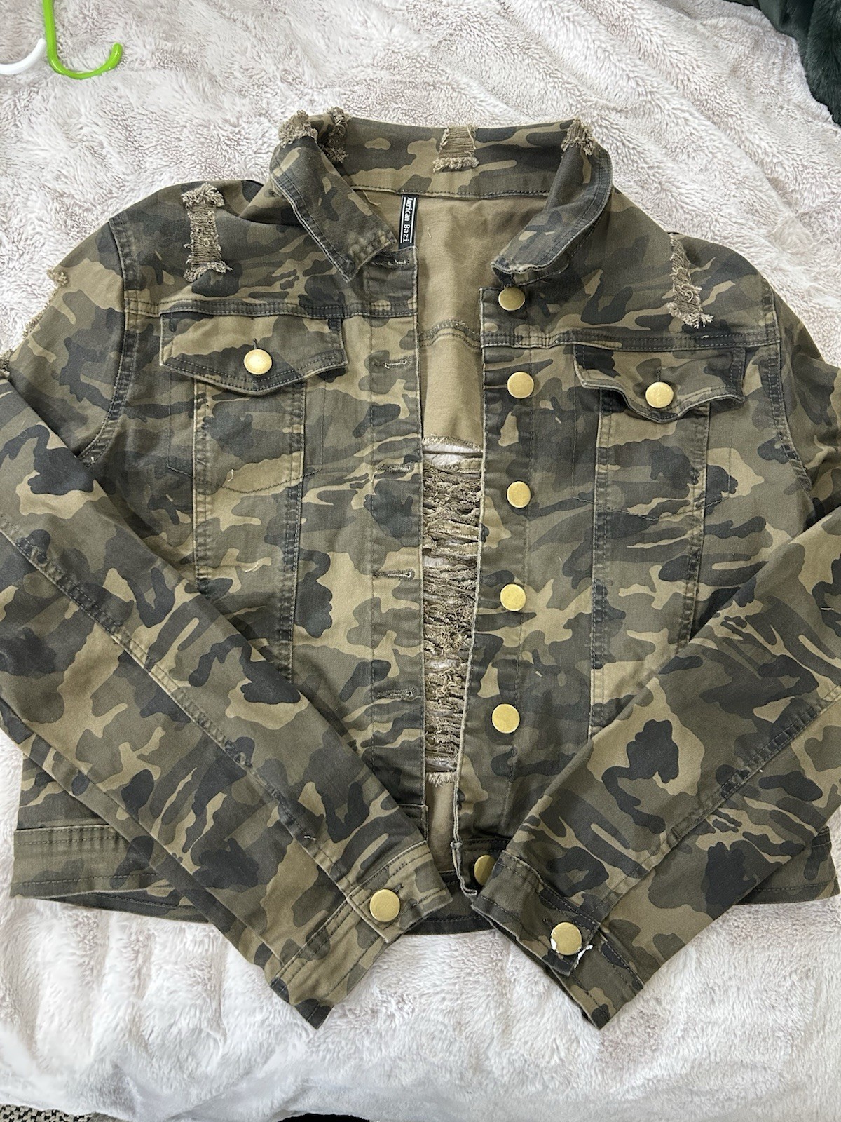 American Bazi Camouflage Denim Jacket Size XL Distressed Grunge Button Up