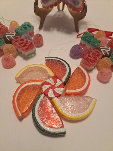 Set Of 4 Vtg Candyland Faux Sugared Gumdrops & Fruits Xmas Ornaments - Picture 5 of 6