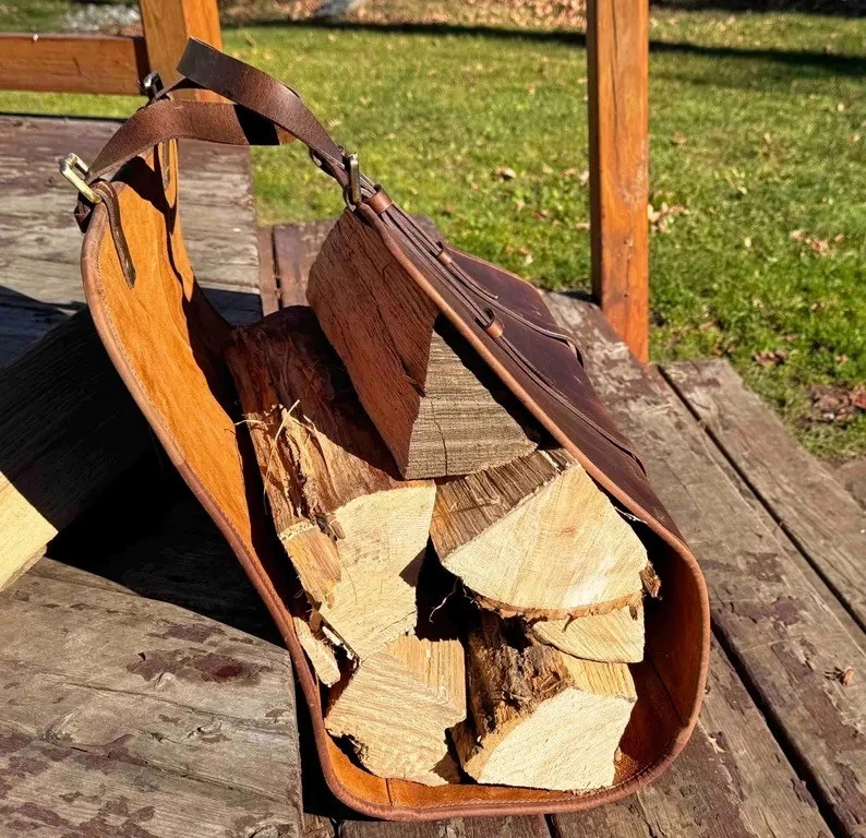 Portador de troncos de cuero, portador de leña, accesorio de chimenea de cuero, hecho a mano Foto 4 de 4