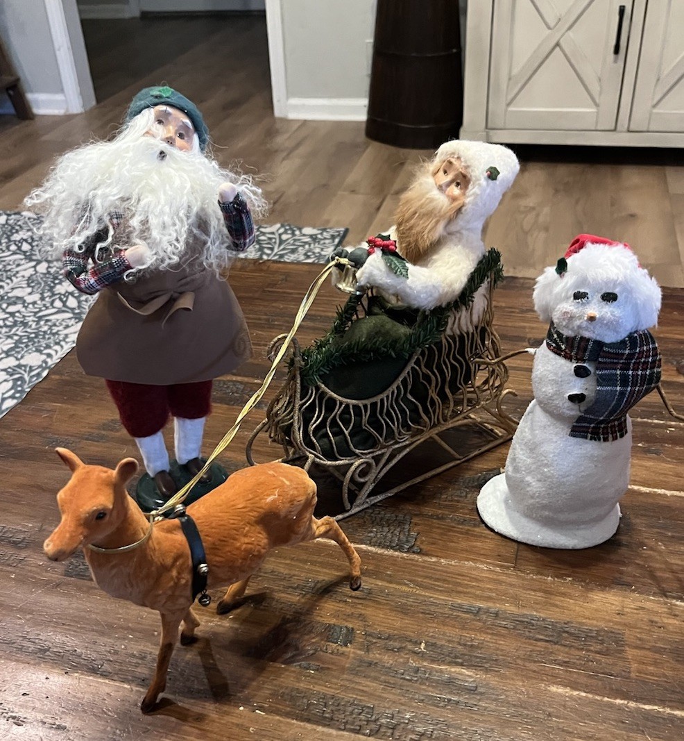 Lot Of 4 Byers Choice Christmas Figures, 2- Santas, Deer, Snowman