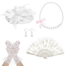 Fumwase 5 Pcs Tea Party Supplies Garden Party Gloves Hats Necklace White