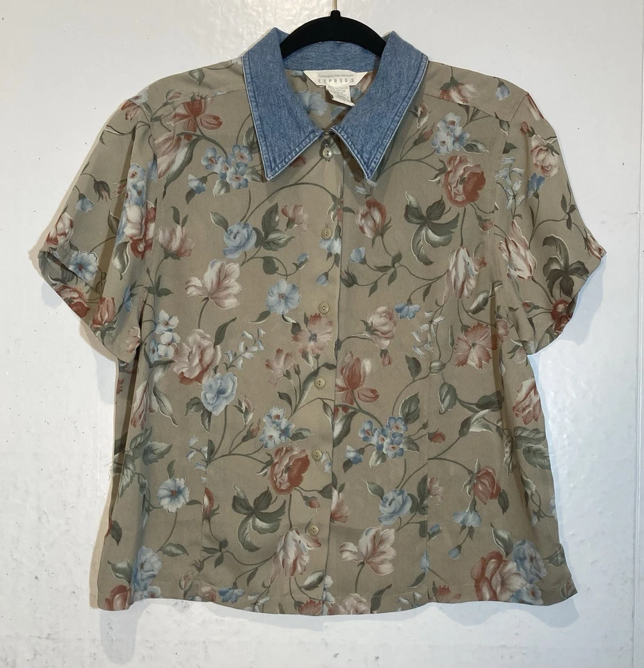 Top de Gasa Floral Compagnie Internationale Express De Colección Talla L Cuello Denim Y2K Foto 2 de 4