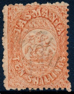 99c Start! Tasmania BF9B stamp used 1863 10/ orange used invert wmk. p. 12