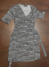 Apt 9 Dress Womens S Faux Wrap Cuffed Short Sleeve Black White Gray Belt Stretch