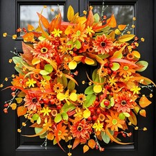 Fall Wreath for Front Door, 24 Inch Autumn Wreath with Berries,Lemon Leaves, ...