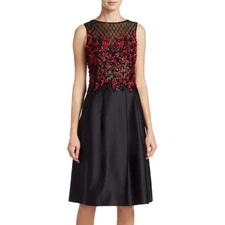 Teri Jon Black Floral Cocktail Dress 3D Flowers Sleeveless Midi Beaded Sz 4