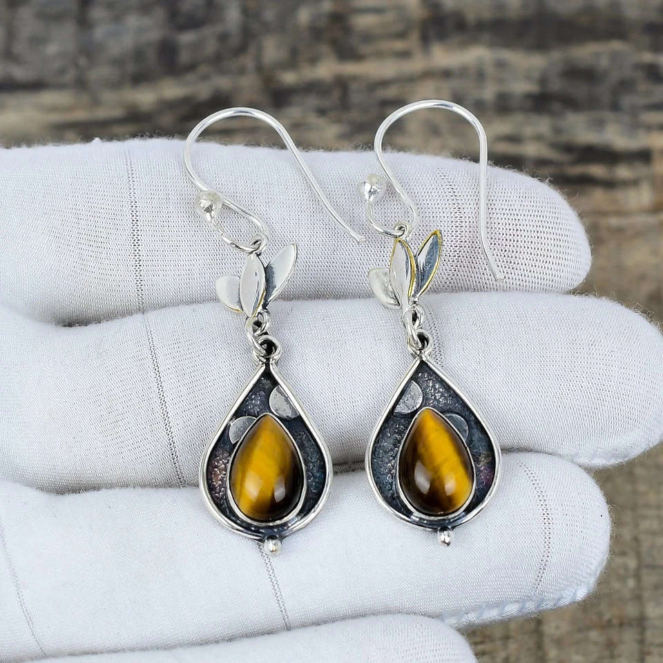 Naturale Tigre Occhio Gemma Orecchini 925 Argento Sterling Artigianale Gioielli - Immagine 3 di 4