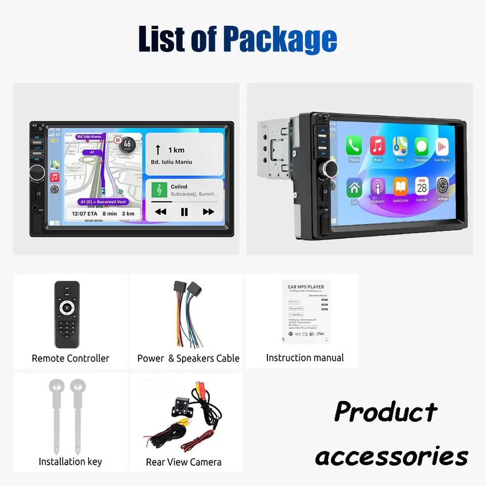 Single 1 DIN 7" Car Stereo BT CarPlay FM Radio Touch Screen with Backup Camera - Image 2 of 4