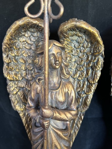 Vintage Pair Bronzed Guardian Angels Candle Holders 18in Tall For Pillar Candle - Picture 5 of 17