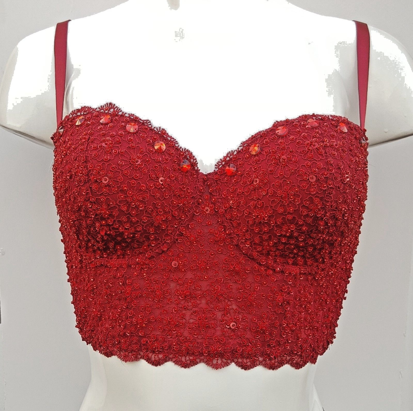 Red half corset bustier bra crop top cami hand decorated with sequins