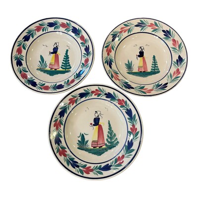 VTG HB Quimper Mistral Blue Lady 3 Lot Soup Cereal 9.25in Bowl Henriot France