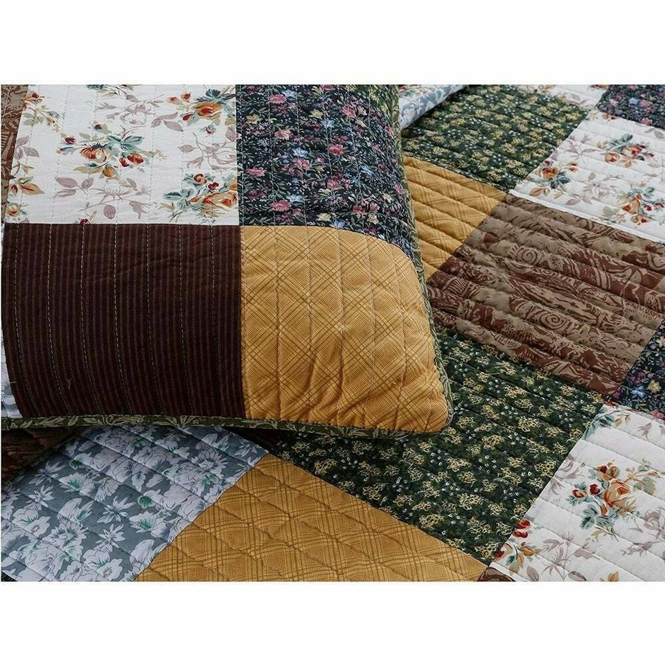 ACOGEDOR JUEGO DE EDREDÓN CABAÑA RETAZOS MARRÓN VERDE BLANCO HOJA CAMPO CABAÑA DE TRONCOS - KING Foto 2 de 4