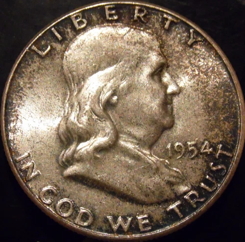 1954-P Franklin Half Dollar Gem BU Uncirculated Rainbow Toned