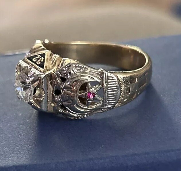 14K GIA 1 .00 CT Round Cut SOLITAIRE & RUBY MASONIC RING Freemason ...