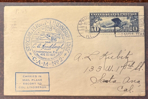 1927 LINDBERGH CAM 2 SPRINGFIELD FLIGHT COVER GOODWILL TOUR