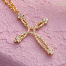 1.12ct VVS Natural Moissanite Floral Cross Charm Pendant Necklace 925 Silver 18"