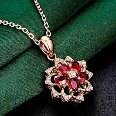 2.30Ct Oval Cut Red Ruby Flower Pendant Necklace 14K Rose Gold Finish With Chain