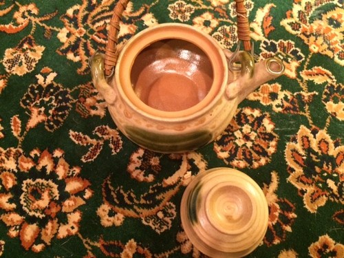 Glazed Pottery TEA POT Kettle BAMBOO HANDLE 1 CUP Lid is cup - Picture 5 of 10