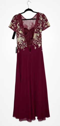 NWT Betsy & Adam Embroidered Ivanna Gown Women's Burgundy Gold Size 6 - Picture 4 of 7
