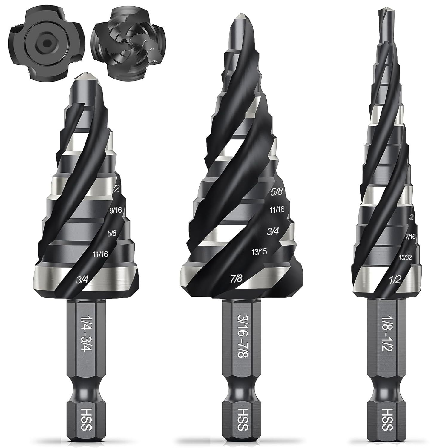 Four Spiral Flute Step Drill Bit Set 3 Pcs HSS Step Drill Bits 1/8