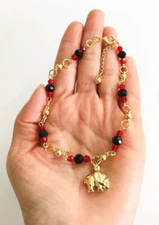 14K GOLD FILLED ELEPHANT AZABACHE ANKLET 10" LONG FOR GOOD LUCK,MONEY - A58