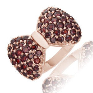 Authentic Round Cut Red Garnet 18K Rose Gold Plated Bow Shape Cluster Ring