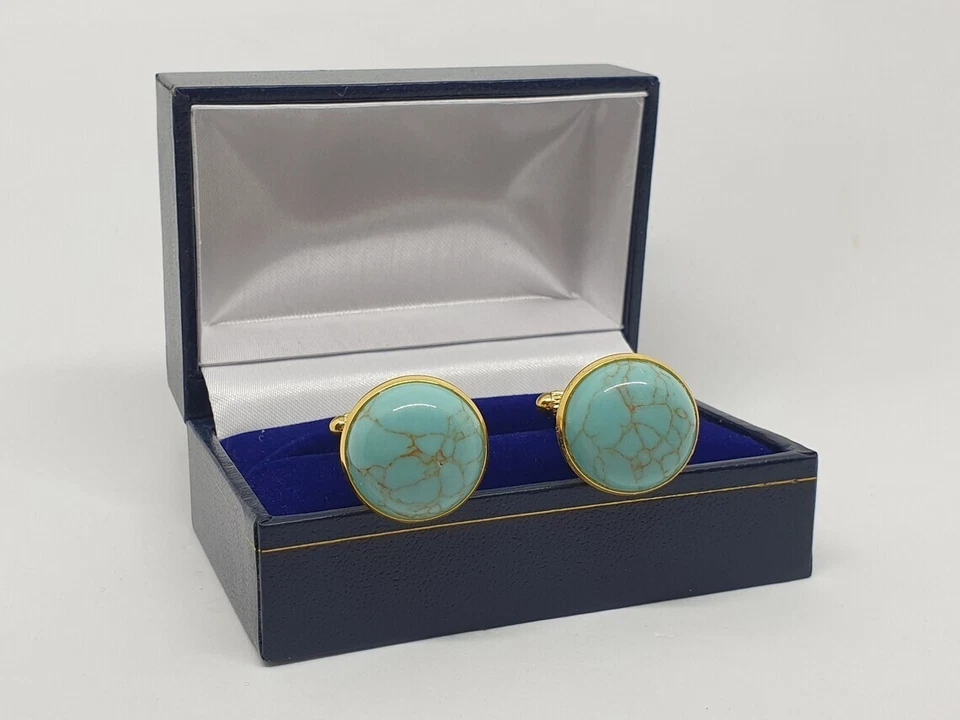 Gemelos para hombre enchapados en oro con piedras preciosas azul turquesa de plata de ley 925 Foto 2 de 4