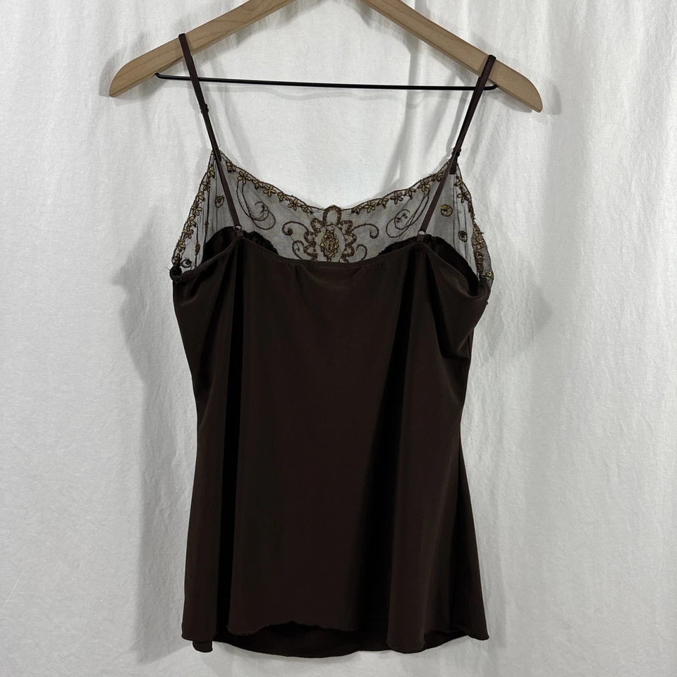 J.T.B Brown Embroidered Sequin Sheer Cami Top Womens Size L Boho Festival Career - Image 2 of 4